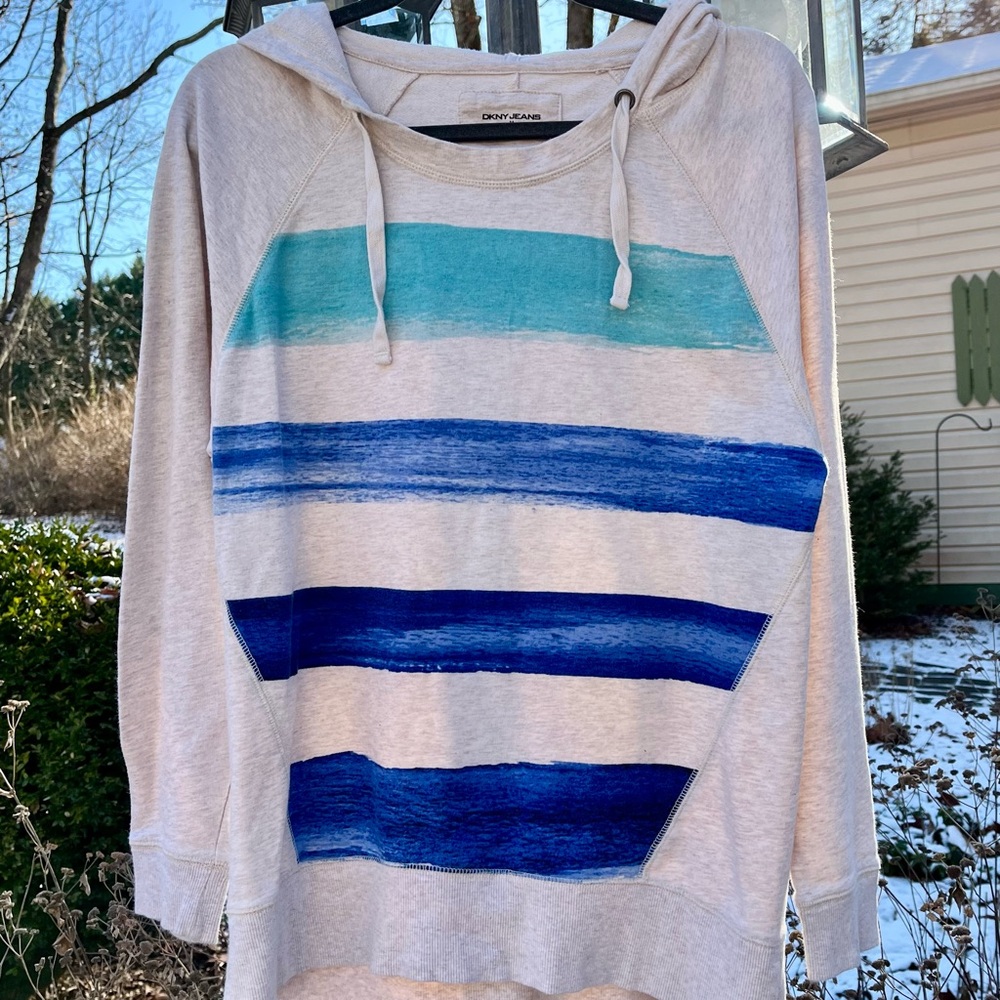 SALE! DKNY hoodie, vintage, light colored with blue painter stripes